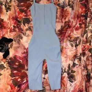 Pretty Knit Light Blue Ribbed Jumpsuit, Romper, Shorts, with front Zipper